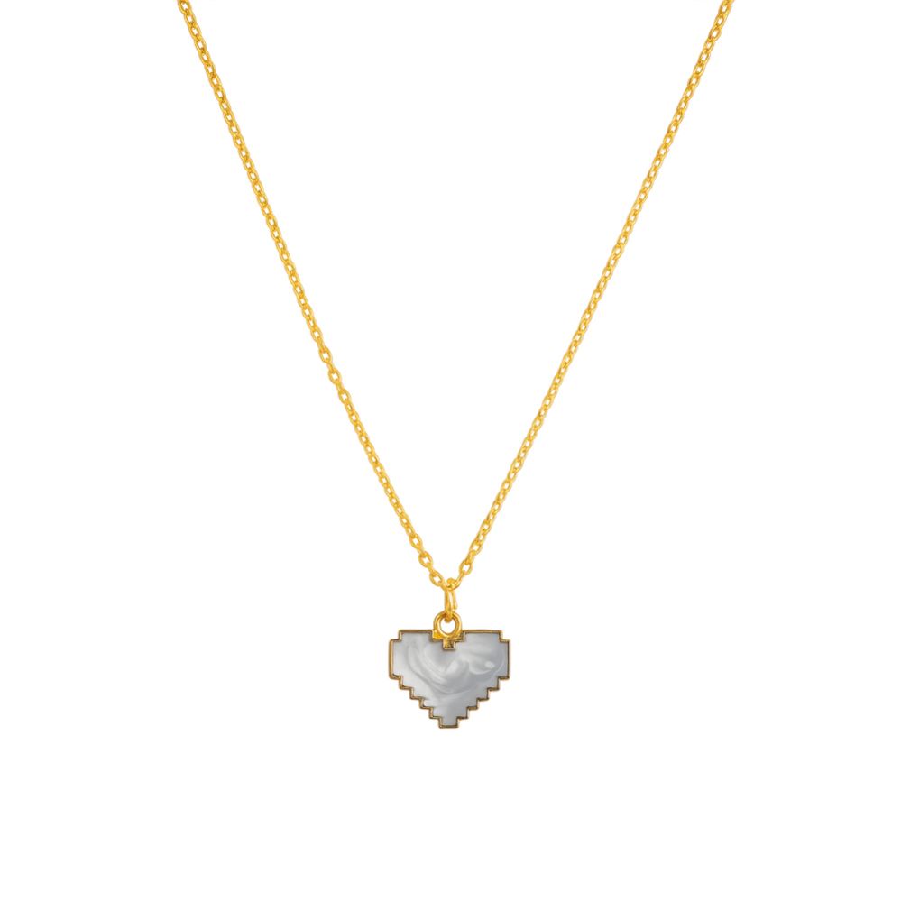 Pixel Heart Necklace - Pearl White Enamel & Gold